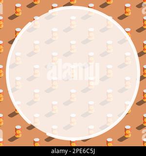 Round frame on background of seamless pattern with isometric aluminum can with orange drink. Ornament for social network page decoration. Design eleme Stock Vector