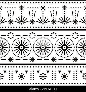 Minimalist seamless vector pattern with dots, lines and flowers, decorative black and white ornament Stock Vector