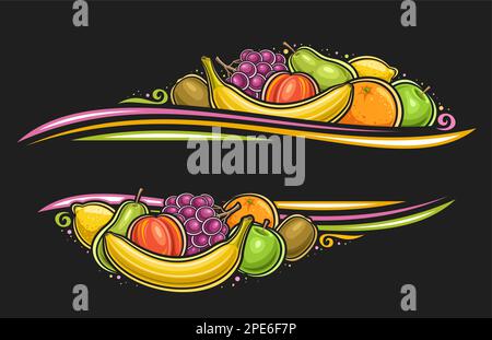 Vector border for Fruits with blank copy space for ad text, decorative layout with illustration of whole sweet banana, ripe kiwi fruit and green juicy Stock Vector