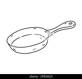 Frying pan isolated on white background. Kitchen utensils. Vector hand-drawn doodle illustration. Perfect for decorations, logo, various designs. Stock Vector