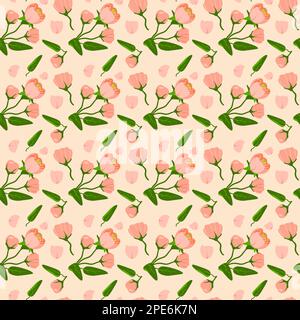 Fine wallpaper with seamless pattern and spring blooming flowers colored in organic pink drawing in flat style Stock Vector