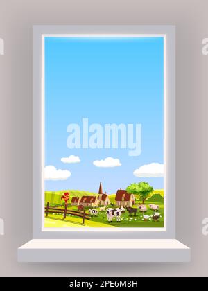 Window view interior, farm, rural landscape, animals, country nature Stock Vector