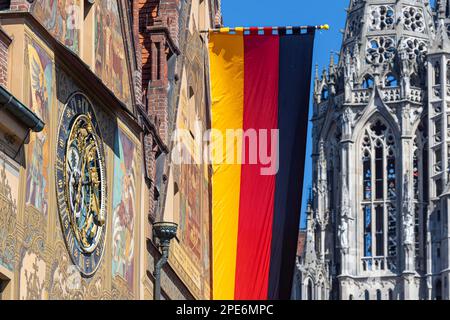 Historic town hall, facade with astronomical clock, Ulm, Baden-Wuerttemberg, Germany Stock Photo