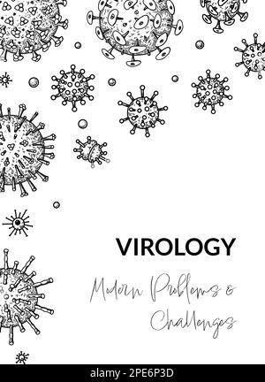 Virus vertical background in sketch style. Hand drawn bacteria, germ, microorganism. Microbiology scientific design. Vector illustration in sketch sty Stock Vector