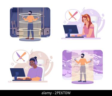Virtual reality and computer gaming 2D vector isolated spot illustration set Stock Vector