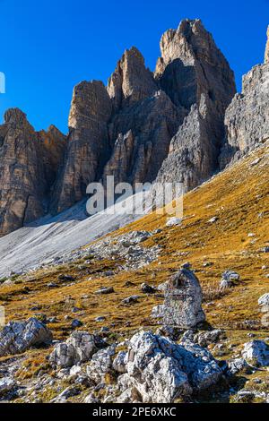 The western summit of the Three Peaks in the evening light, view from the south side, Dolomites, South Tyrol, Italy Stock Photo