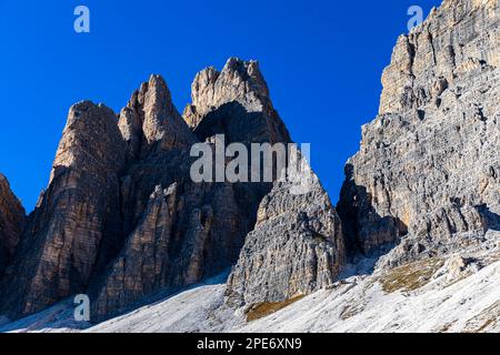 The western summit of the Three Peaks in the evening light, view from the south side, Dolomites, South Tyrol, Italy Stock Photo