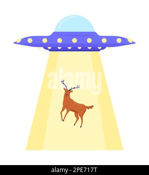 Flying saucer abducting forest stag semi flat color vector icon Stock Vector