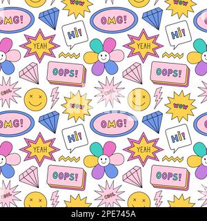 Bright seamless pattern in the style of the 90s. Colorful diamonds, smile faces, stars, lightning, speech bubbles on white background. Nostalgia for the 1990s. Funny cool print. Stock Vector