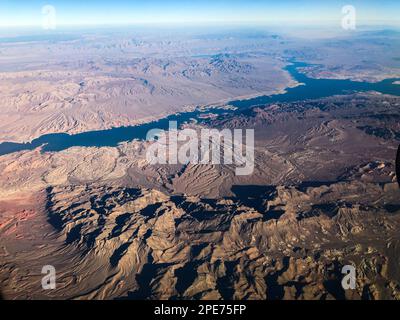 Aerial view of mountains with Colorado River in the Grand Canyon area around Las Vegas, Nevada, USA. Stock Photo