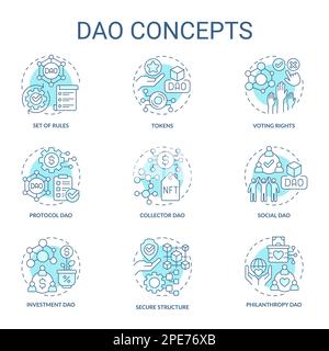 Decentralized autonomous organizations turquoise concept icons set Stock Vector