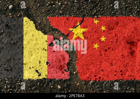 On the pavement there are images of the flags of Belgium and China, as a symbol of the confrontation between the two countries. Conceptual image. Stock Photo