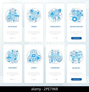 DAO elements and usage purpose blue onboarding mobile app screens set Stock Vector