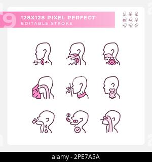 Throat diseases pixel perfect RGB color linear icons set Stock Vector