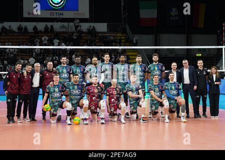 PalaBarton, Perugia, Italy, March 15, 2023, training sir sicoma monini perugia  during  Sir Sicoma Monini Perugia vs Berlin Recycling Volleys - CEV Champions League volleyball match Stock Photo