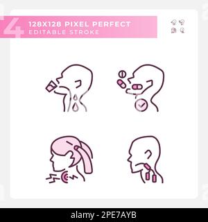 Throat sickness pixel perfect RGB color linear icons set Stock Vector