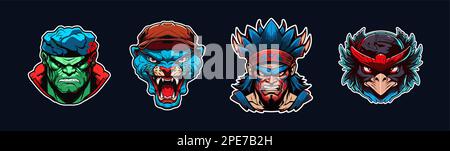 Cartoon animal head, red and blue sport logo collection with white outlined. Angry face of hulk, juguar, warrior, and raven characters. Sport team Stock Vector