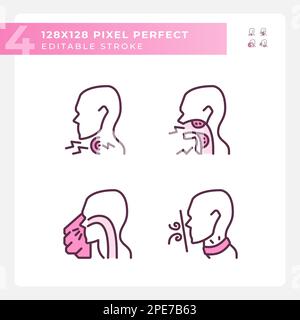 Throat diseases types pixel perfect RGB color linear icons set Stock Vector