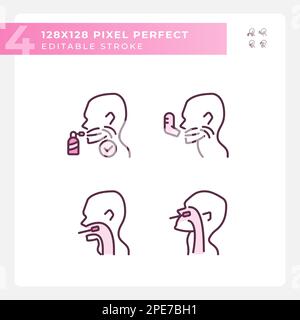 Throat examination and inhalation pixel perfect RGB color linear icons set Stock Vector