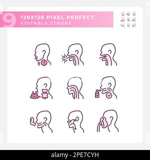 Throat problem diagnostics pixel perfect RGB color linear icons set Stock Vector