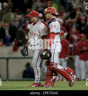 Philadelphia Phillies' Billy Wagner (13) and Mike Lieberthal (24) celebrate  their 4-3 win over the Washington Nationals, Friday, Sept. 30, 2005, at RFK  Stadium in Washington. (AP Photo/Nick Wass Stock Photo - Alamy