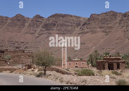 View of the minaret of the mosque in the Berber village, High Atlas, Morocco Stock Photo