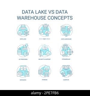 Data lake vs data warehouse turquoise concept icons set Stock Vector