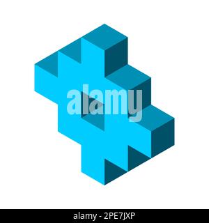 Blue structure made of cubes. Architectural decorative feature. Isometric shape with opening in the middle. Modern design element. Complex cross Stock Vector