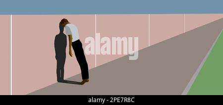 An exasperated man leans with his head against a wall in this illustration about depression, anxiety, trouble, sadness or other applicable topics. Thi Stock Photo