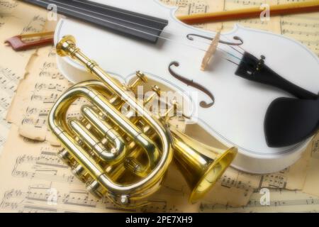Trumpet And White Violin Stock Photo