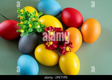 colorful eggs symbolize easter. Easter minimal concept. Creative Happy Easter, spring layout. Stock Photo