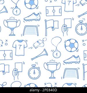 Soccer doodle seamless pattern. Football goal, award cup, whistle hand drawn line doodle sketch style equipment icon. Vector illustration Stock Vector