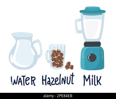 Vegan hazelnut milk in glass bottle, alternative non dairy drink, vector Illustration on white background Stock Vector