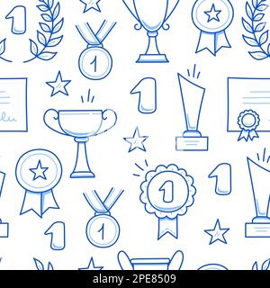 Award doodle hand drawn seamless pattern. Winner trophy cup, champion medal, win certificate background. Hand drawn doodle sketch style champion, victory, success elements. Vector illustration. Stock Vector