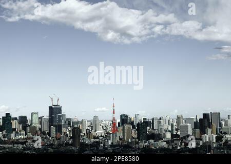 Panoramic view of Tokyo　Tokyo Tower and Toranomon skyscrapers Stock Photo