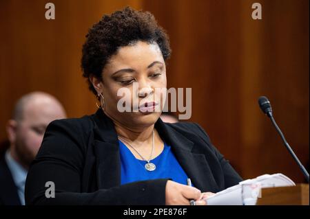 Washington, United States. 15th Mar, 2023. Shalanda Young, Director, Office of Management and Budget (OMB), speaks at a hearing of the Senate Budget Committee at the U.S. Capitol. Credit: SOPA Images Limited/Alamy Live News Stock Photo