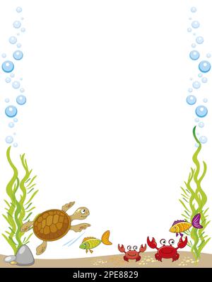 vector cartoon border, illustration of the underwater world with crabs, fishes, sandy bottom, rocks, algae, bubbles white background. Stock Vector