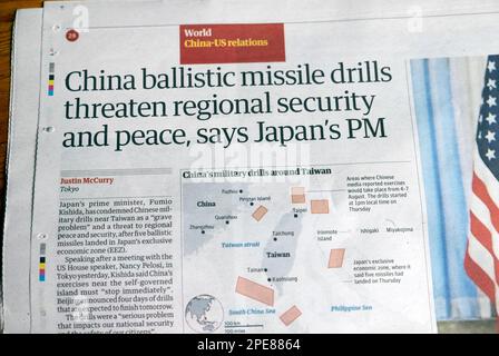 'China ballistic missile drills threaten regional security and peace, says Japan 's PM' Guardian newspaper headline article on 6 August 2022 London UK Stock Photo