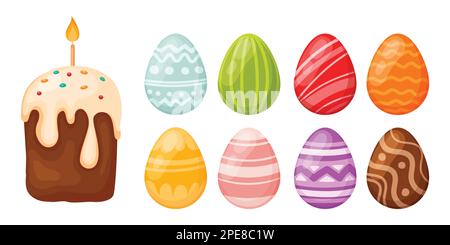 Easter set of Easter cakes and multi-colored eggs. Stock Vector