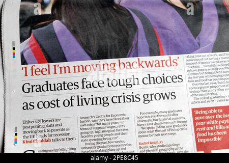 University 'Graduates face tough choices as cost of living crisis grows'  Guardian newspaper headline article education clipping August 2022 London UK Stock Photo