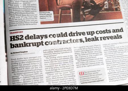 'HS2 delays could drive up costs and bankrupt contractors, leak reveals' Guardian newspaper headline article  7 August 2022 London UK Stock Photo