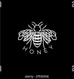 Minimalistic honey logo template, white icon of bee silhouette on black background, bumblebee modern logotype concept, sketch, tattoo. Vector Stock Vector