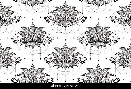 Indian Lotus flower vector seamless pattern, Mehndi henna tattoo style, Yoga or zen decoration, bohemian textile in turquoise on white background Stock Vector