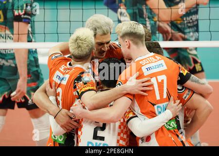 PalaBarton, Perugia, Italy, March 15, 2023, berlin recycling volleys rjoices  during  Sir Sicoma Monini Perugia vs Berlin Recycling Volleys - CEV Champions League volleyball match Stock Photo