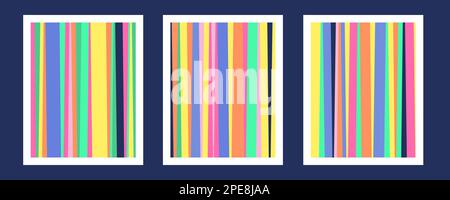 Colorful bar code wall art posters set. Abstract rainbow lines texture, geometric pattern. Y2k retro NTSC screen test. TV color bars brochure. Modern minimalistic home interior. Vector illustration. Stock Vector