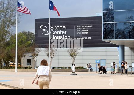 Houston, Texas, USA - February 2023: Person walking towardfs the entrance of the NASA Johnson Space Center in Houston Stock Photo