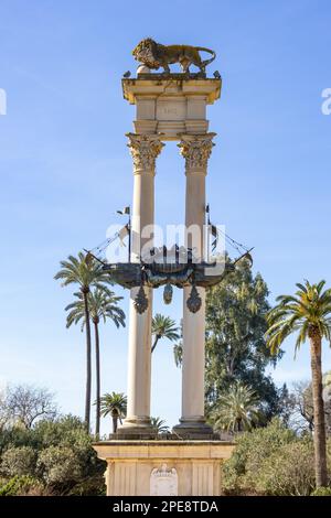 The Columbus monument located on the Paseo de Catalina de Ribera,  Seville, Andalusia, Spain. It was built by popular subscription and was laid in 192 Stock Photo