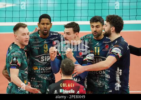 PalaBarton, Perugia, Italy, March 15, 2023, sir sicoma monini perugia rejoices  during  Sir Sicoma Monini Perugia vs Berlin Recycling Volleys - CEV Champions League volleyball match Stock Photo