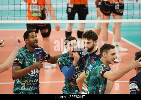 PalaBarton, Perugia, Italy, March 15, 2023, sir sicoma monini perugia rejoices  during  Sir Sicoma Monini Perugia vs Berlin Recycling Volleys - CEV Champions League volleyball match Stock Photo