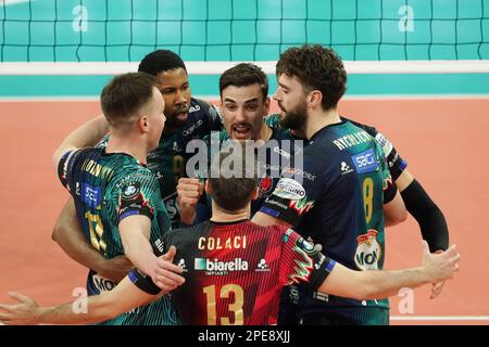 PalaBarton, Perugia, Italy, March 15, 2023, sir sicoma monini perugia rejoices  during  Sir Sicoma Monini Perugia vs Berlin Recycling Volleys - CEV Champions League volleyball match Stock Photo